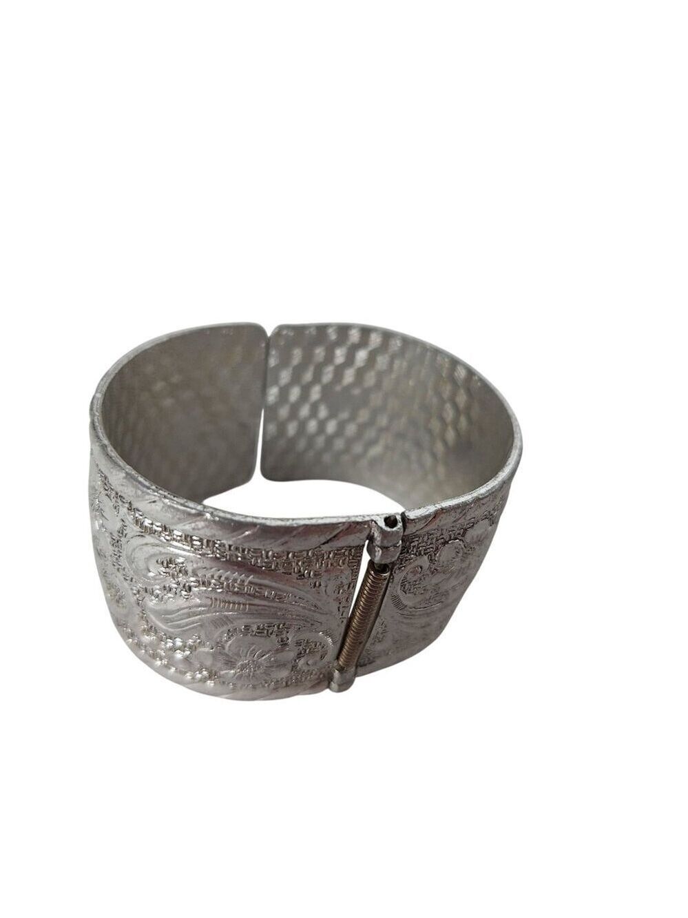 Vintage Wide Engraved Silver Tone Hinged Cuff Bracelet Bangle Statement Western